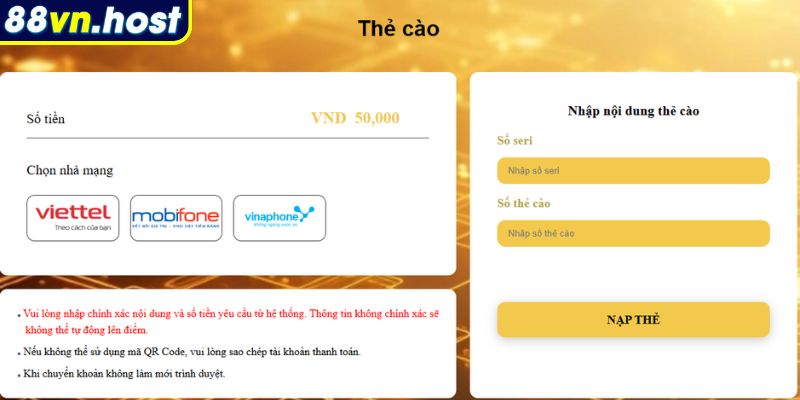 Các lỗi thường gặp khi nạp tiền 88VN
